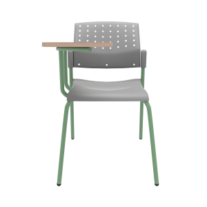 Silla para estudiantes, con color gris en el espaldar y en el asiento, con unas patas de color verde menta